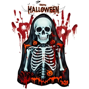 Halloween skeleton in black cloak sticker with pumpkin bats and Happy Halloween text