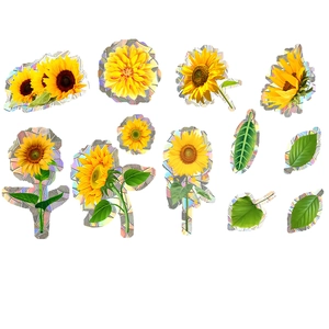 Sunflower and green leaf static glass window stickers with laser rainbow effect edges