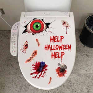 Halloween toilet stickers set featuring 3D bloody eyes and HELP text on a white lid