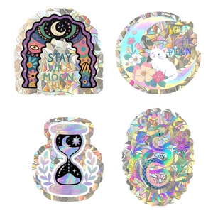 Autocollants holographiques de fenêtre avec chat, lune et sablier au design laser