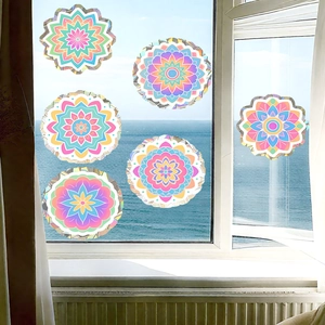 Rainbow prism mandala window stickers set of six with colorful floral designs for home decor