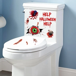 Creepy Halloween toilet sticker with bloodshot green eyeball and Help text graphics