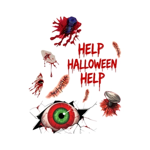 Halloween scary eye and bloody wound stickers with HELP text on a white background