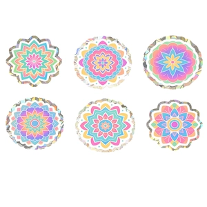 Set of 6 colorful mandala glass stickers with holographic laser edges for home decor