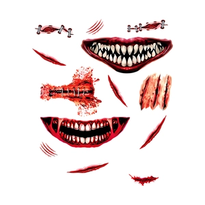 Halloween bloody wound stickers featuring realistic red scars, stitches and scary mouth designs