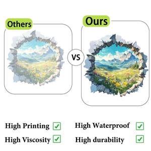 Detail view comparing high quality 3D broken wall sticker print with mountain landscape