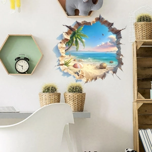 3D broken wall tropical beach landscape wall sticker for modern home room decoration