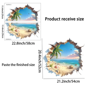 Detail of 3D broken wall tropical island beach wall sticker showing layout and finished sizes