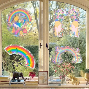 Rainbow whale static window film with floral sun designs for decorative glass privacy