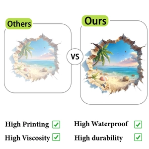 Detail view comparing high definition 3D tropical beach wall sticker vs others