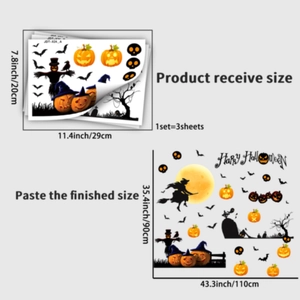 Détail d'un ensemble de 3 stickers d'Halloween pour fenêtres avec citrouille et sorcière