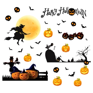 Stickers Halloween de fenêtre avec sorcière, lune et citrouilles sur fond blanc pur