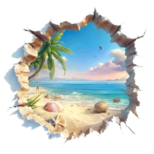 3D broken wall sticker featuring tropical beach landscape with palm trees and ocean