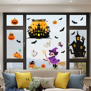 Stickers électrostatiques Halloween avec château, sorcière et citrouilles pour fenêtres