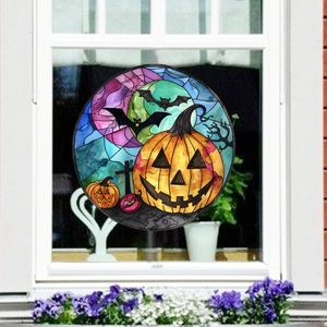 Halloween window cling with pumpkin bat and cross in stained glass visual art style
