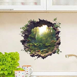 Sticker mural 3D paysage de forêt avec effet mur brisé pour décoration de salon