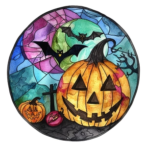 Stained glass Halloween window sticker with pumpkin and bat patterns in bright colors