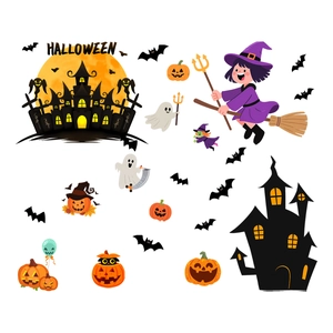 Planche d'autocollants Halloween avec sorcière, château, citrouilles et chauves-souris