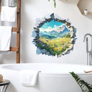 3D broken wall sticker featuring mountain landscape and flowers for room wall decor