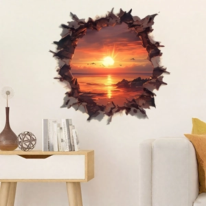 3D ocean sunset wall sticker with sea birds and broken wall effect for home decoration