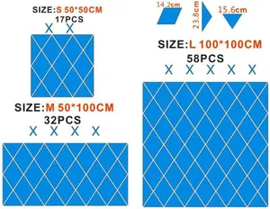 Size guide for diamond acrylic mirror wall stickers showing S M L coverage dimensions