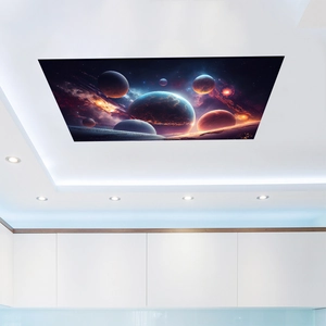 Deep blue galaxy galaxy mural with planets installed on a minimalist white ceiling