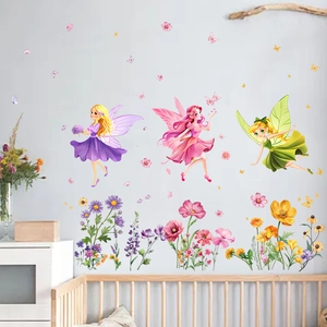Floral fairy wall stickers set with butterflies for bedroom decor on gray wall