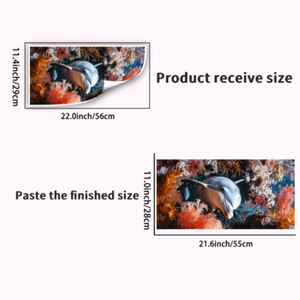 Detailed size chart showing ocean dolphin wall decals with 29x56cm dimensions