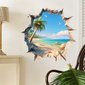 3D Wandtattoo mit Strandpanorama, Palmen und Meerblick für eine moderne Wanddekoration