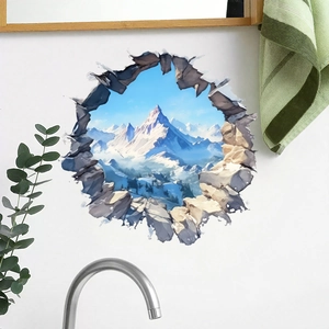 3D cracked wall mountain wall sticker realistic snow peak mural for home decoration