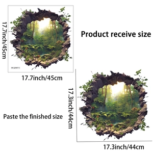 Détail d'un sticker mural forêt 3D montrant la taille 45x45cm et l'effet mur brisé