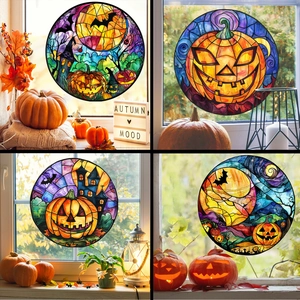 Adesivo per Finestre Halloween Stile Vetrata Colorata Zucca Jack-O-Lantern Castello Pipistrello PVC Adesivo Decorativo Casa