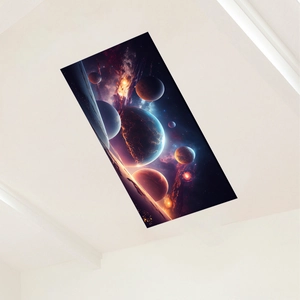Deep space ceiling wall mural with colorful planets and nebulae for home decor
