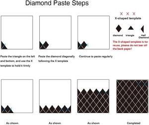Step-by-step assembly guide for diamond acrylic mirror wall stickers using X-shaped template