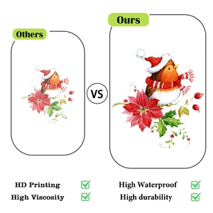 Detail showing HD printing of robin and poinsettia on high viscosity waterproof sticker