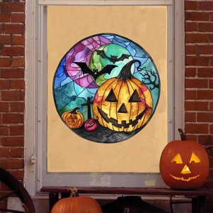 Halloween Window Sticker Static PVC Stained Glass Style Pumpkin Bat Moon Decor For Glass Door Home Party Decoration