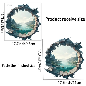 3D hole wall sticker showing mountain landscape with 45cm size specifications