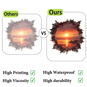 Detail showing high-definition 3D wall sticker with ocean sunset and waterproof feature
