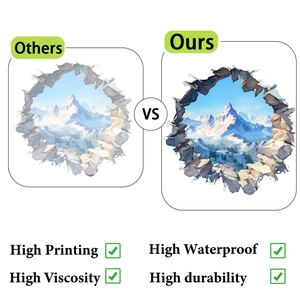 Detail comparison showing high-definition printing and waterproof 3D snow mountain wall decal