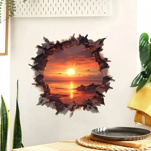3D Broken Wall Ocean Sunset Wall Sticker PVC Waterproof Self-Adhesive Beach Landscape Decal For Living Room Bedroom Home Decor