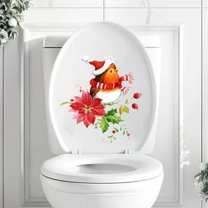 Christmas robin bird and poinsettia flower toilet lid decal for festive bathroom decoration