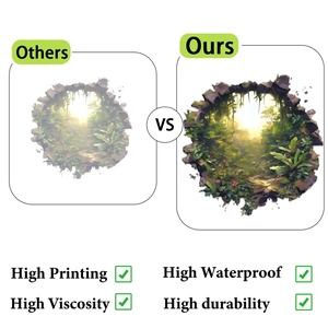 Detail of 3D cracked wall tropical plant sticker showing HD print vs low quality comparison