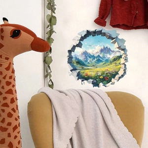 Sticker mural 3D paysage de montagne avec effet fissure pour décoration intérieure