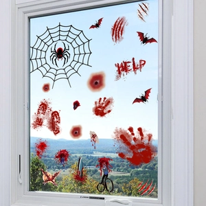 Halloween window stickers set featuring bloody handprints, bats, and spiders decor