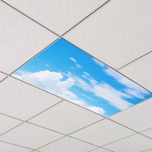 Detail view of rectangular LED sky panel light featuring realistic blue sky and clouds
