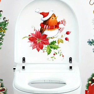 Detailed Christmas bird and poinsettia sticker applied to a white toilet seat lid