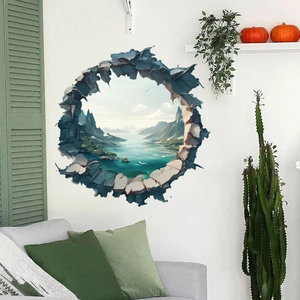 3D hole wall sticker featuring scenic snow mountains and lake for modern living room decor