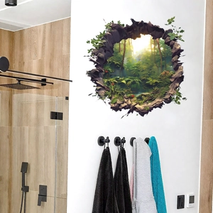 Sticker mural 3D effet mur brisé avec vue sur la forêt tropicale dans une salle de bain
