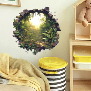 3D wall sticker with tropical jungle scene and green plants in a round hole design