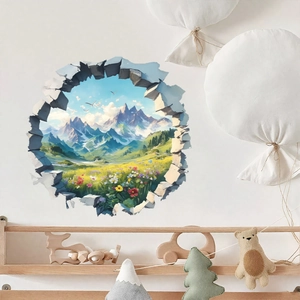 Sticker mural 3D avec paysage de montagne enneigée et prairie dans un cadre cassé